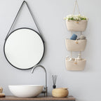 Over the Door Hanging Baskets with Button Strap, 3-Tier Woven Cotton Storage Organizer Bag, Wall-Mounted with Hook Decorative Hanging Kitchen Baskets - White
