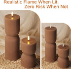 Brown Ribbed Fall Flameless Pillar Candles with Remote Set of 2