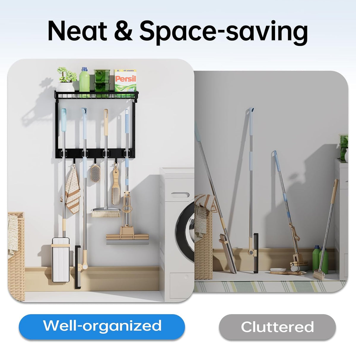 Broom Holder Wall Mount, Mop Organizer with Cleaning Tools Storage Shelf