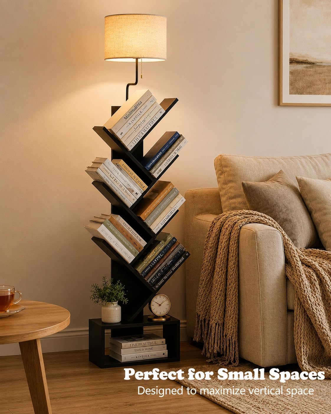 XBurmo 6 Tier Tree Bookshelf with Lights - Small Bookcase, Compact Book Tower with Drawer, Corner Bookshelf for Bedroom, Living Room and Home Office Storage, Black