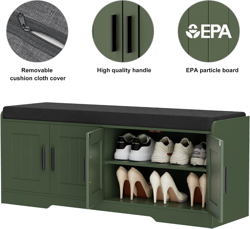 Homleke Shoe Storage Bench, 4 Doors & Thickened Padded Seat Cushion