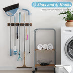 Brown Broom Holder Wall Mount - Heavy Duty Wood Mop and Broom Organizer with 5 Slots & 4 Hooks - Rustic Garden Tool Hanger for Laundry Room Closet Kitchen Garage Storage and Organization