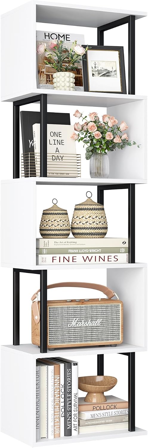Yusong Bookshelf 5-Tier, Geometric Bookcase S Shaped Book Shelves for Bedroom, Modern Wood Decorative Display Shelf Book Case for Home Office, White and Black