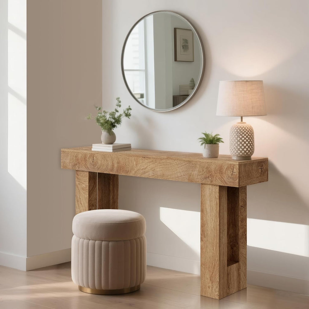 63" Farmhouse Console Table - Long Sofa Table Behind Couch, Wooden Entryway Table for Living Room, Hallway, Entrance, Rustic Rectangular Design, Natural Color