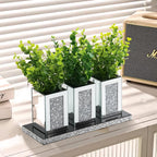 Pibeyer Crystal Crush Diamond Jar Table Centerpiece Decorations for Dining Room, Coffee Table Decor Wooden Tray with 3 Mirrored Jars Artificial Plants for Kitchen, Living Room, Home Décor