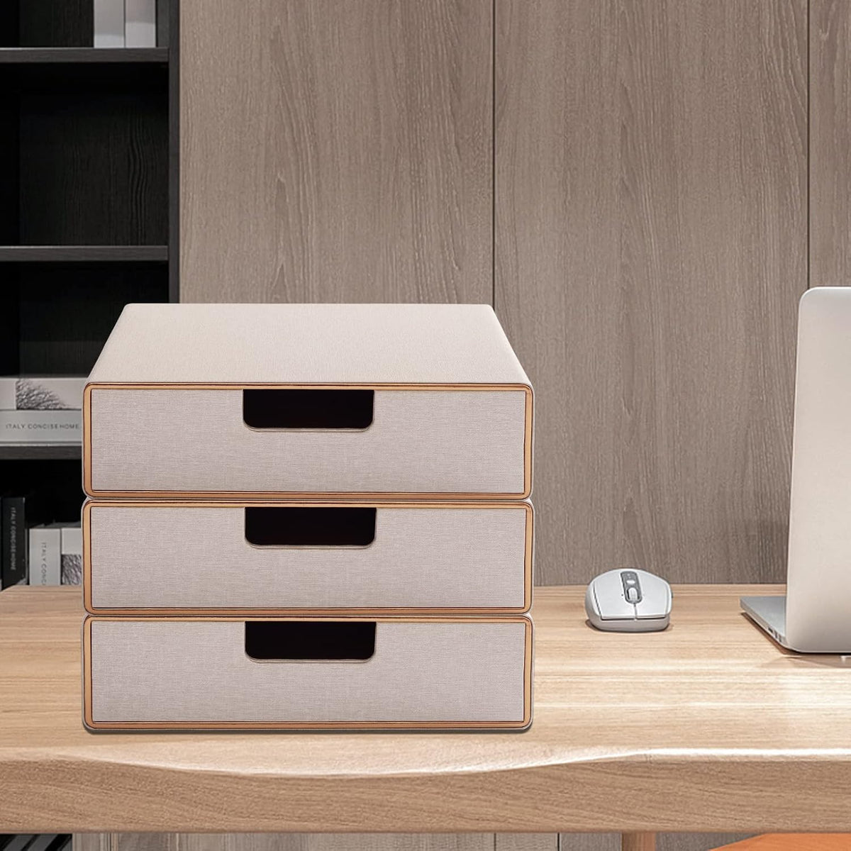 Stackable Drawer Organizer PU Leather Classic Handmade,Organize Home Office Desk Accessories and Sort Letter-Size Paper/a4 Document,Desk Caddy with Drawers Storage Box,13.1x10x3.7inches,Beige