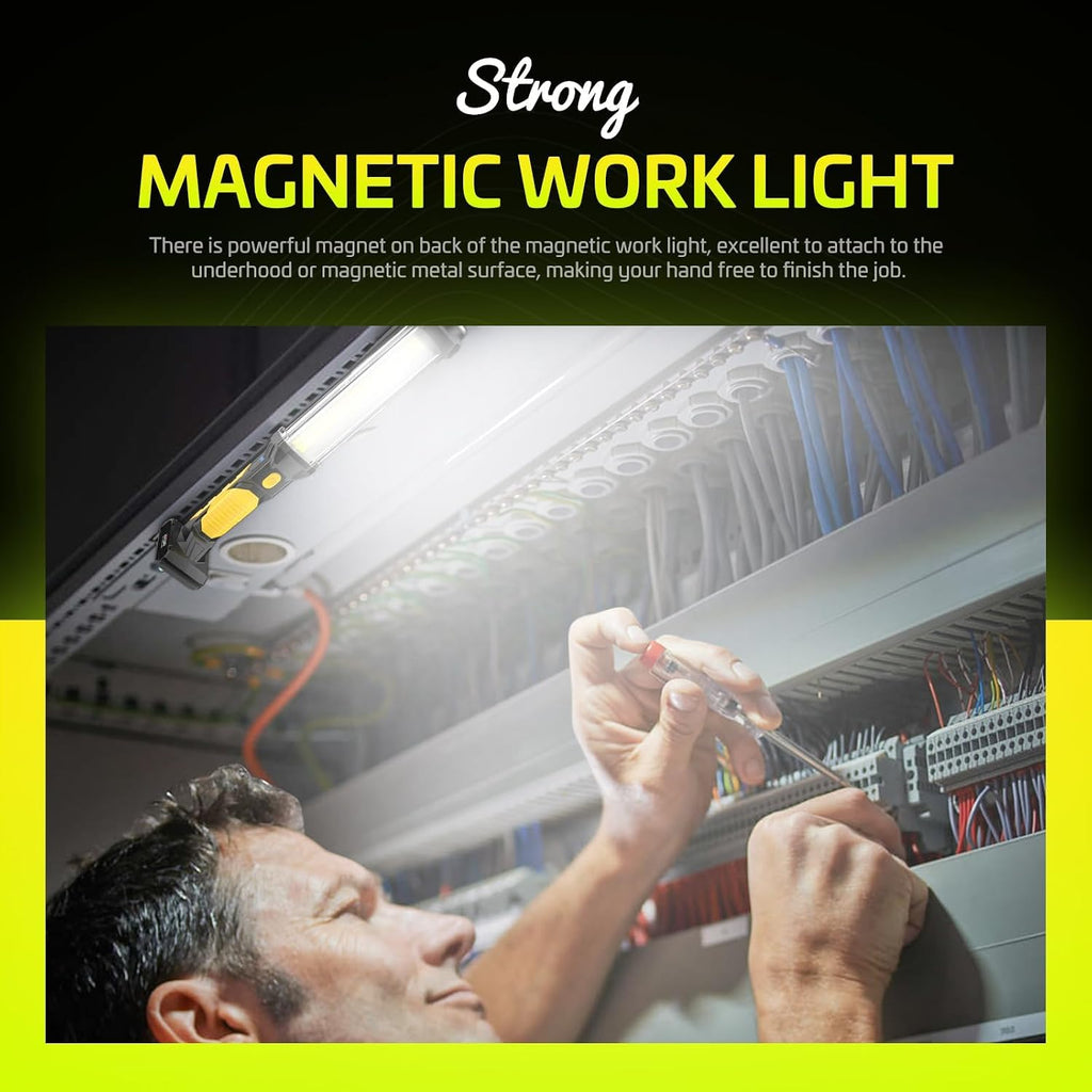 WARSUN Rechargeable COB LED Work Light-Magnetic Hands-Free Trouble Light with Hook, IPX4 Waterproof for Garage Repair, Mens Gifts-Emergency Light Tool for Adults Men Dad (Yellow)