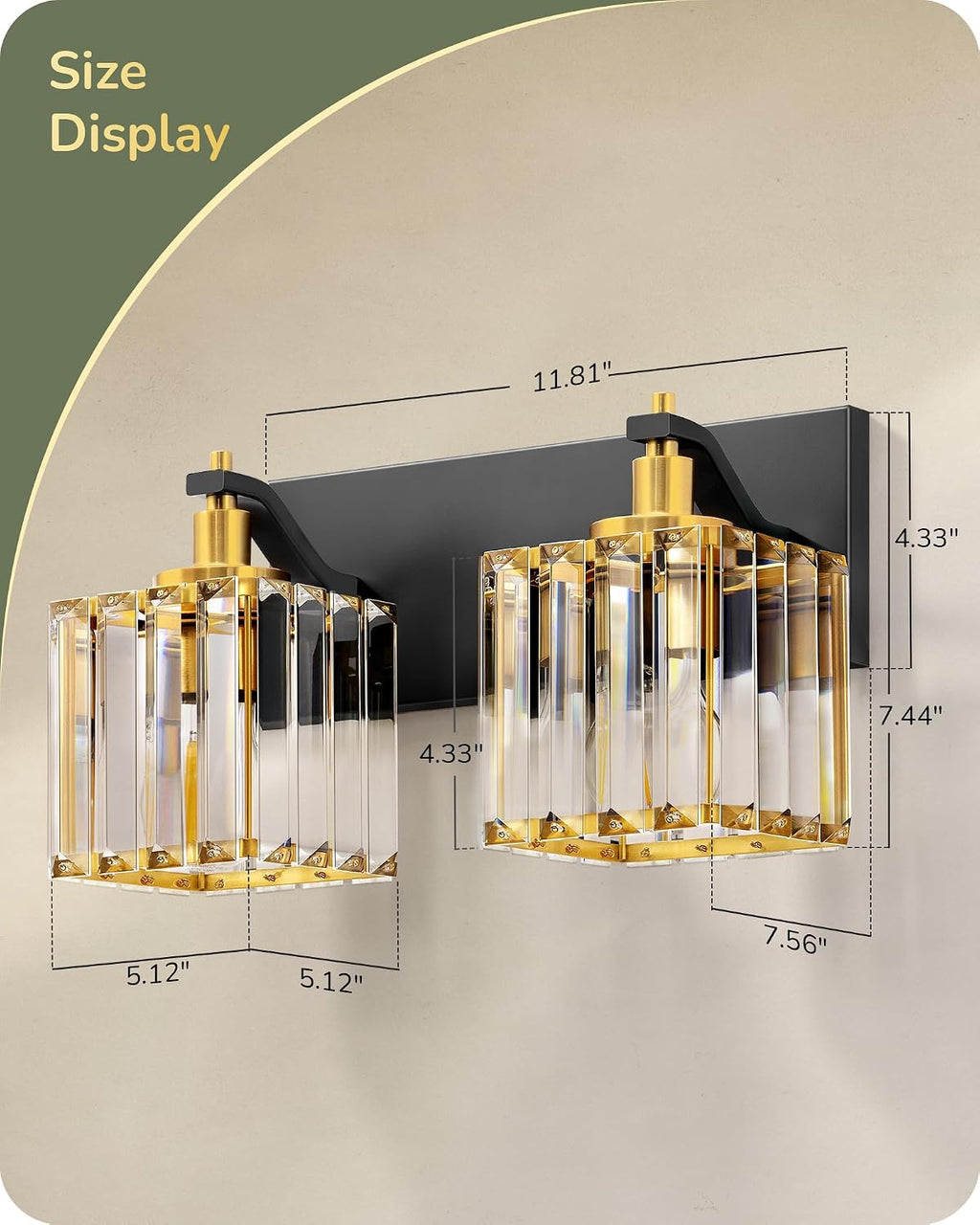 EDISHINE 2-Light Black Gold Bathroom Vanity Light, Crystal Wall Sconce, E26