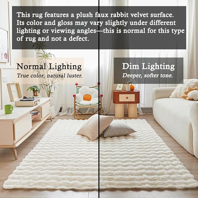 Creamy White Rabbit Plush Rug 5'x8', Fluffy Faux Fur Shaggy Area Rug - Image 3