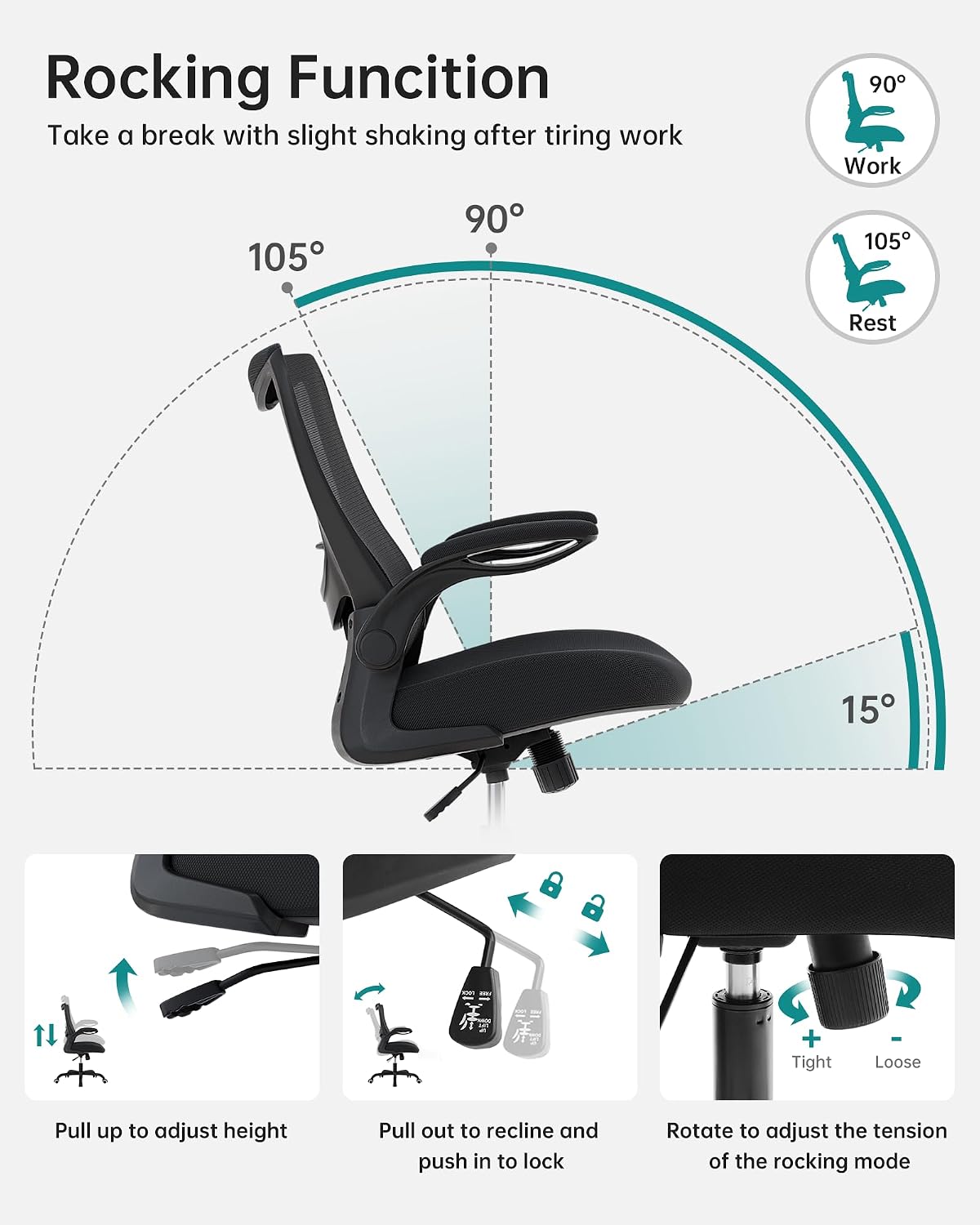 MUXX.STIL Office Chair, Ergonomic Desk Chair with Adjustable Lumbar Support and Flip up Armrest, Breathable Mesh Computer Chair for Home Office, Black