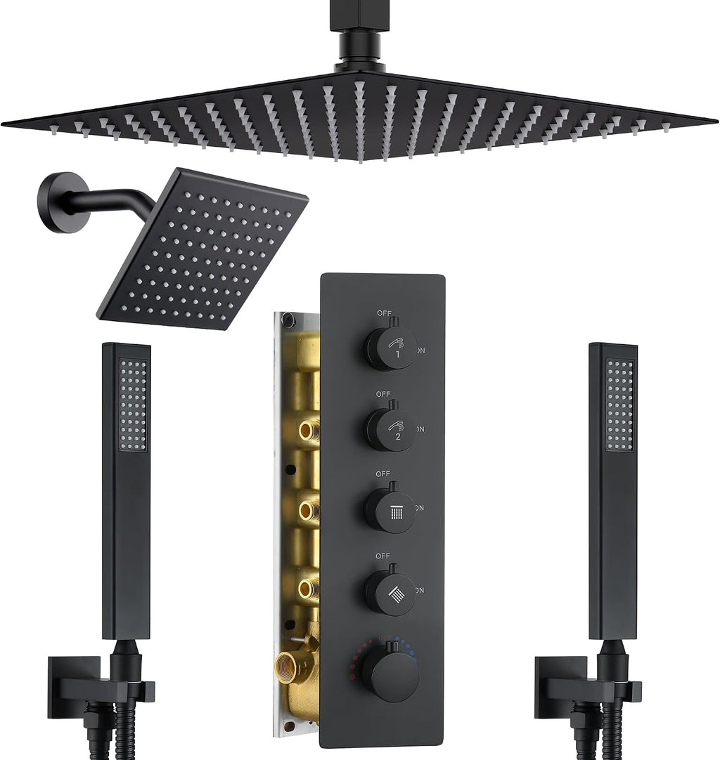 Thermostatic Shower System Dual Shower Head & HandHeld Spray Brushed Gold