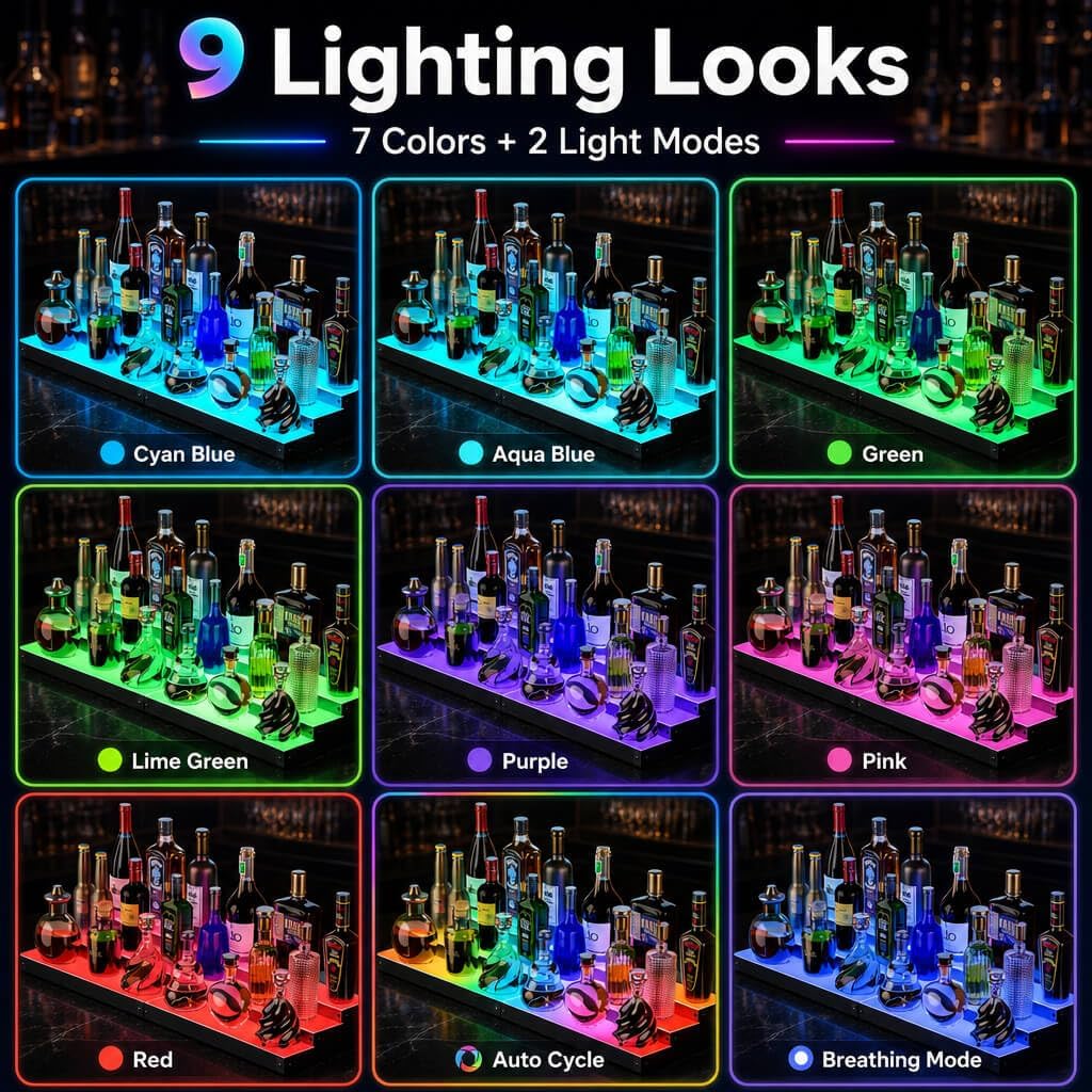 LED Liquor Bottle Display Shelf, 3-Tier 32 Inch Lighted Bar Shelf
