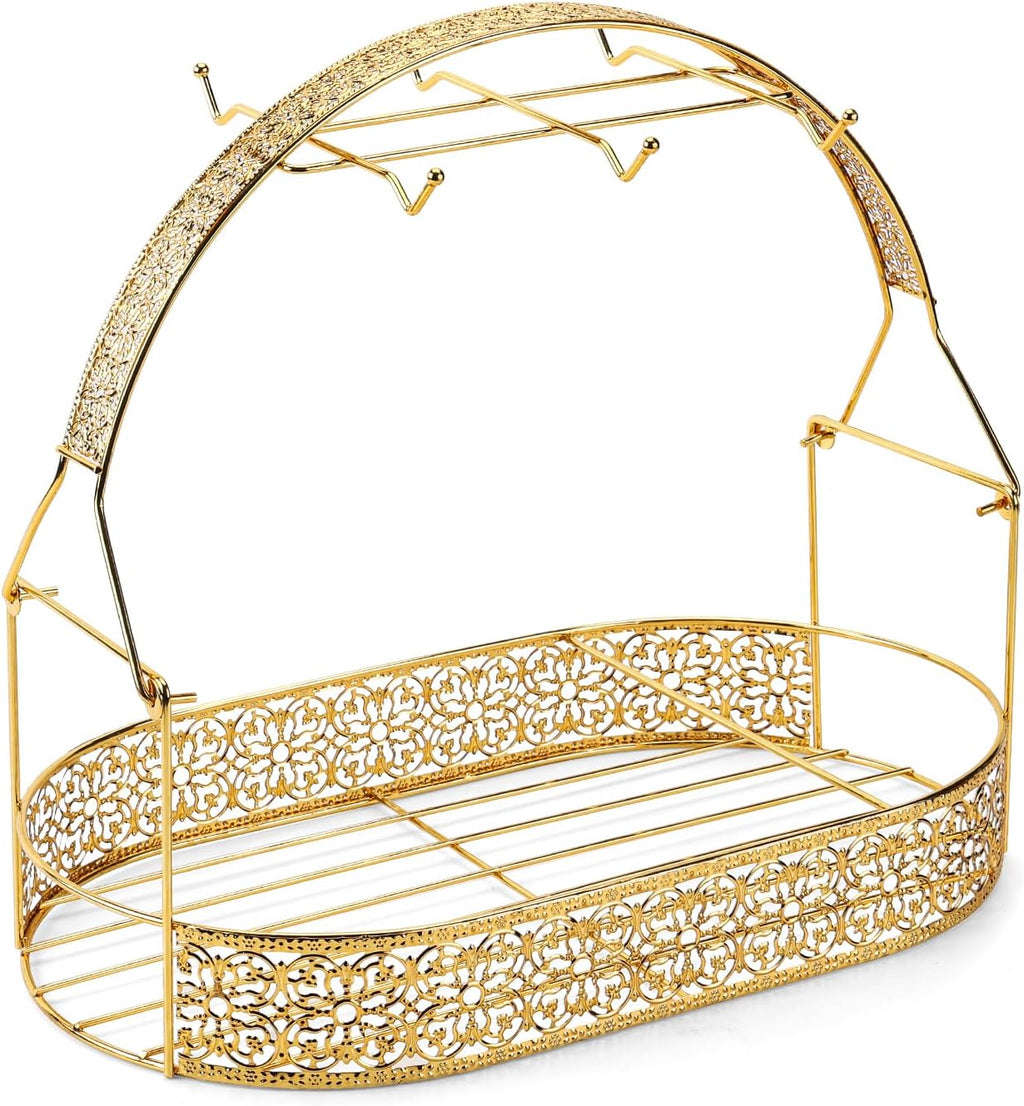 CHENP.HMC Coffee Mug Holder with Oval Drip Tray Vintage Lace Cutout Iron Coffee Cup Rack, Countertop Tea Cup Organizer Display Stand for Kitchen Coffee Bar Decor (Silver)