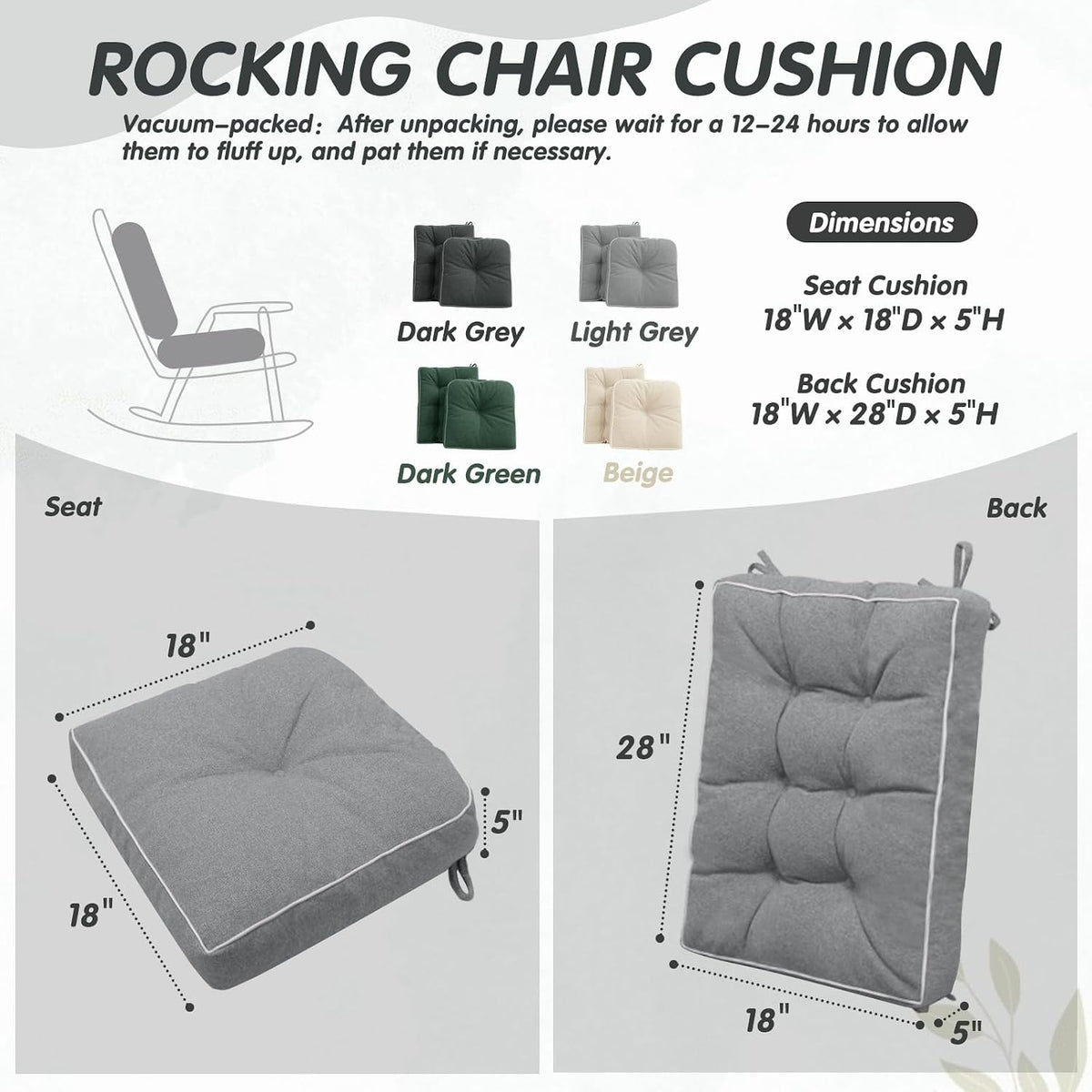 YZ HOME Jumbo Rocking Chair Cushion with Memory Foam for Outdoor/Indoor,Set of Thicken Seat & Back Chair Cushions with Ties,Non-Slip Chair Pad for Rocker,Light Grey,28 * 18 * 5/18x18x5 of 2 piece