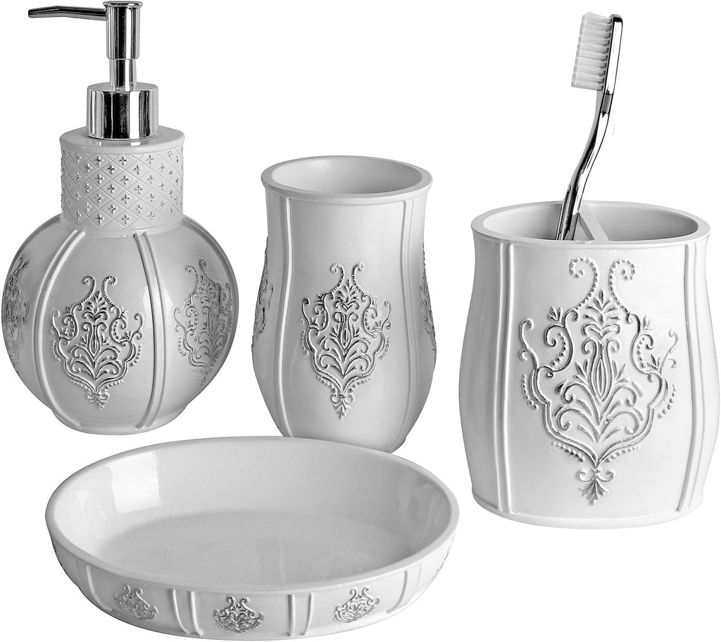 Creative Scents Vintage White 4 Piece Resin Bathroom Accessories Set