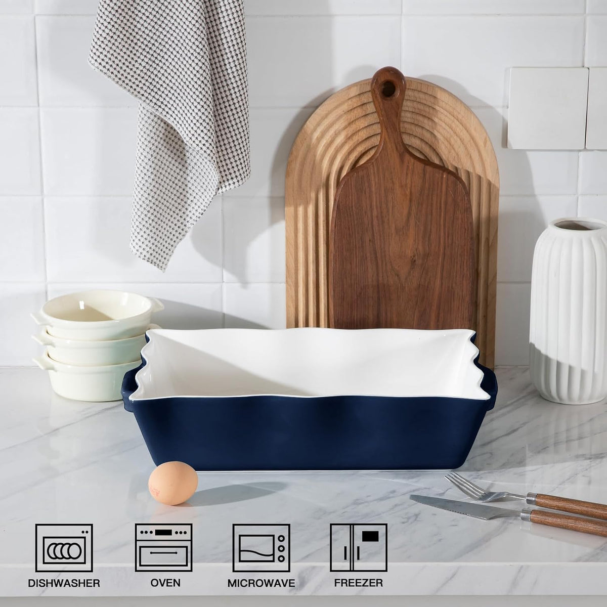 Sweejar Casserole Dishes for Oven, Ceramic Bakeware Set of 3, Rectangular Baking dish with Handles, Wave Edge Lasagna Pan Deep for Cooking, Cake, Dinner, Banquet and Daily Use (Baking dish(Set of 1), Navy)
