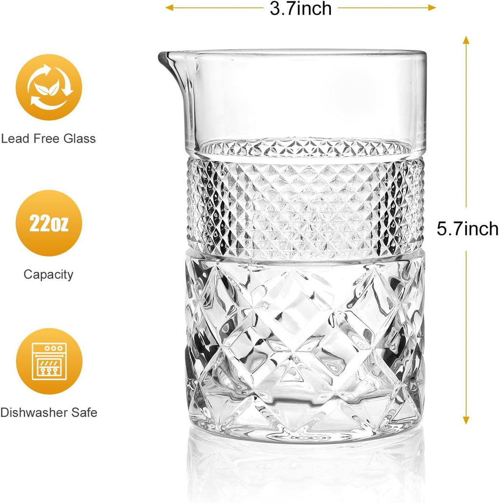 Cocktail Mixing Glass, 22oz Crystal Pitcher Thick Base Design Bartending Glasses - Barware Essentials
