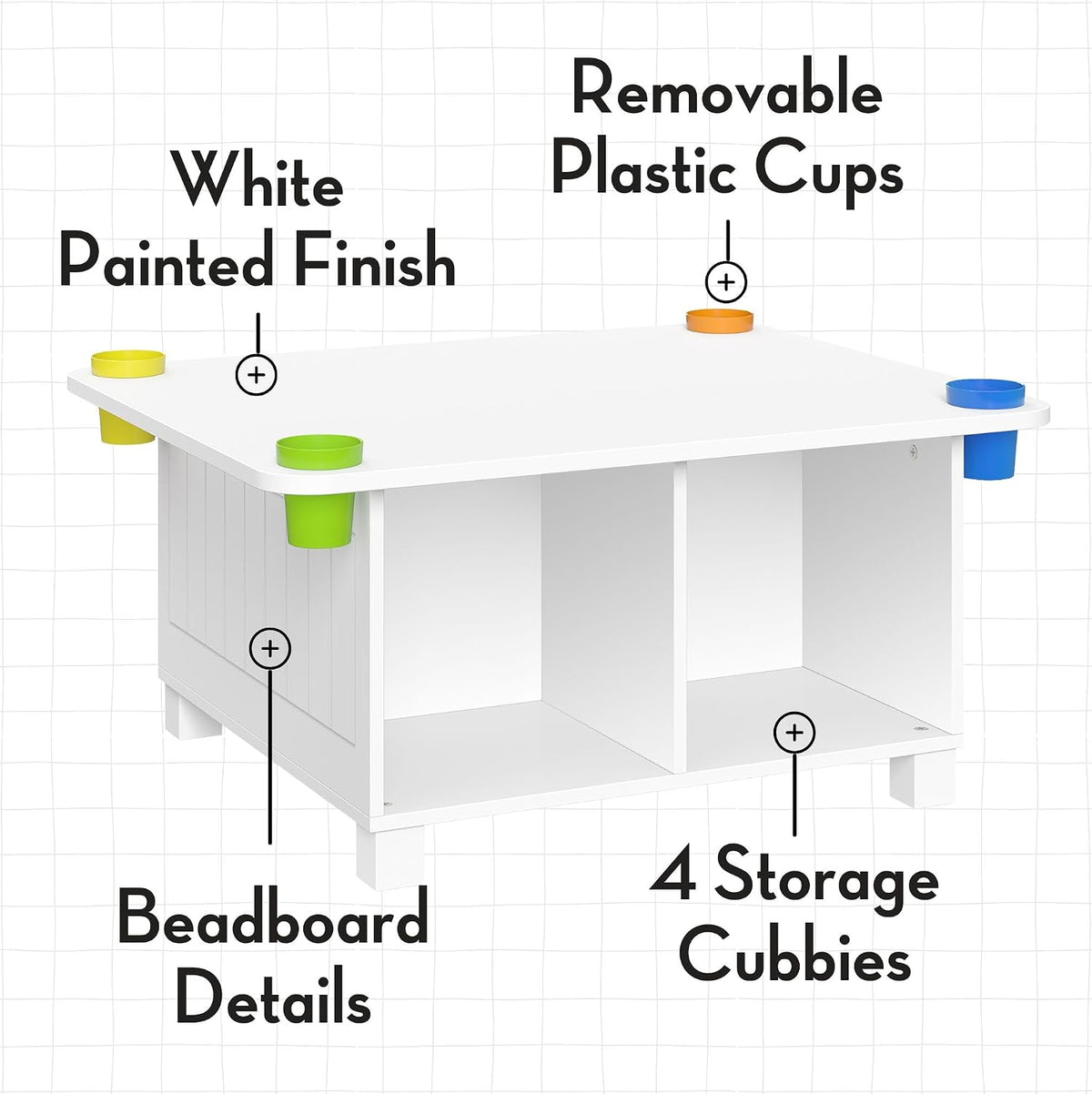 RiverRidge Kids Activity Table with 4 Storage Cubbies and Cups, White