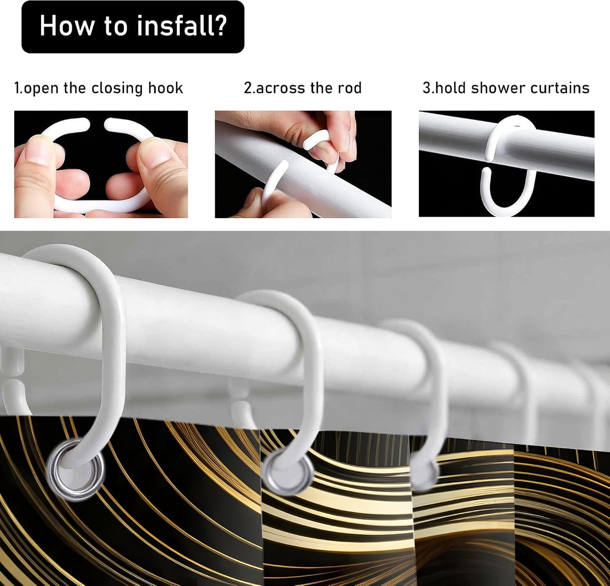 4pcs Shower Curtain Set Black Golden Strip Bathroom Decor with Rug
