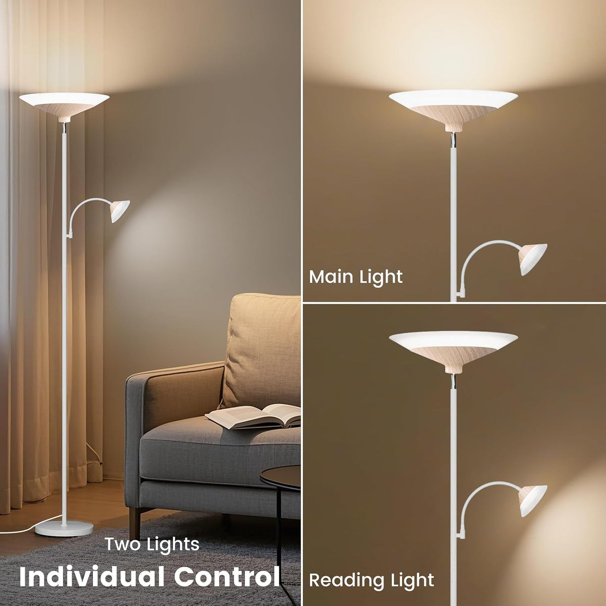 SIBRILLE Torchiere Floor Lamp with Wood Grain Shade, 72" Dimmable LED Standing Lamp with Remote, 2-in-1 Floor Reading Lamp with Color Changing, 34W White Corner Lamp for Living Room Bedroom Office