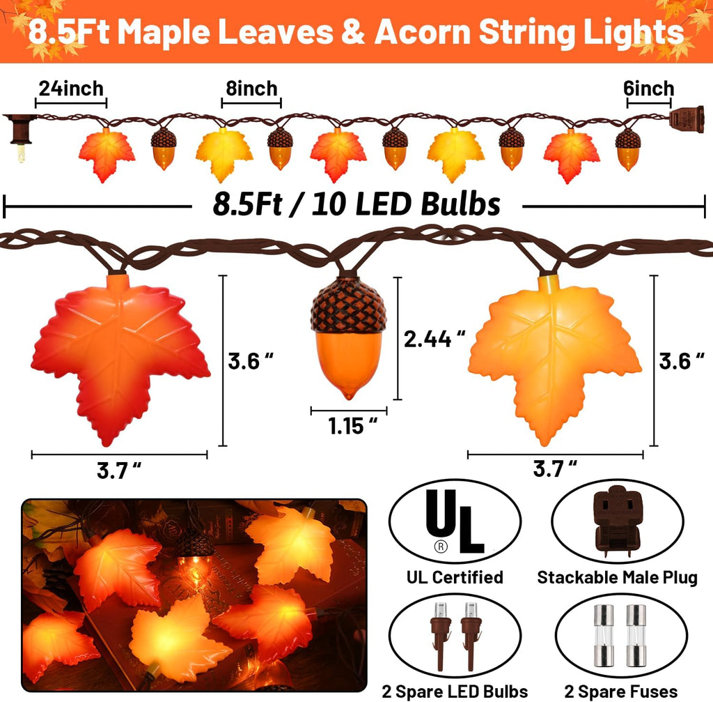 8.5Ft Fall Decor Maple Leaves Acorn Lights String, Fall String Lights Plug in with 10 LED Yellow/Orange Maple Leaf Acorn Light for Home Porch Fireplace Autumn Harvest Party Thanksgiving Decor, 0.48W