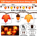 8.5Ft Fall Decor Maple Leaves Acorn Lights String, Fall String Lights Plug in with 10 LED Yellow/Orange Maple Leaf Acorn Light for Home Porch Fireplace Autumn Harvest Party Thanksgiving Decor, 0.48W