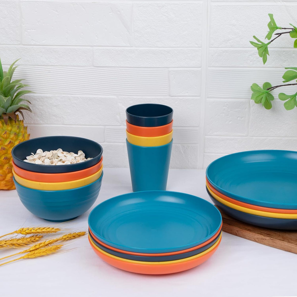 LIYH 48Pcs Multicolor Wheat Straw Dinnerware Set Plates And Bowls For 12