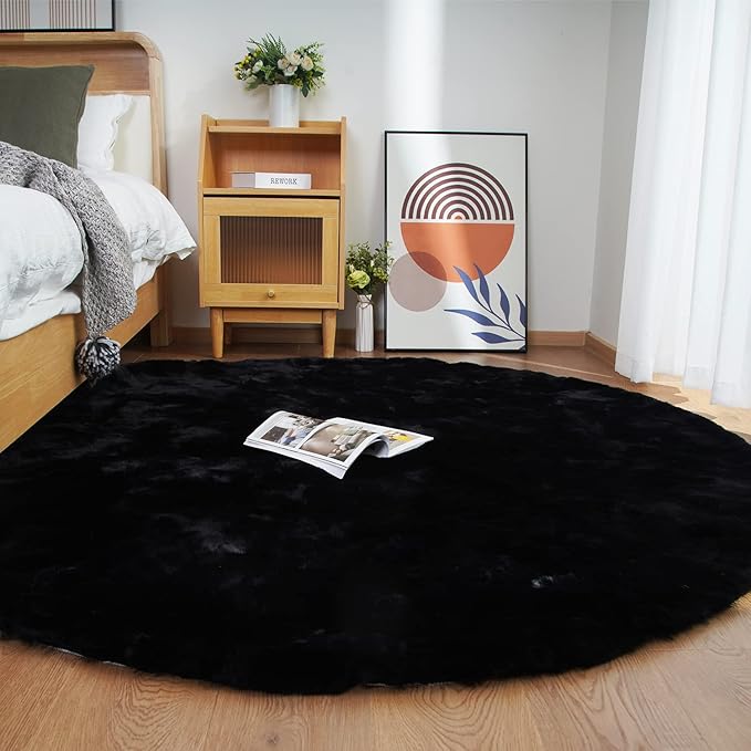 Ghouse Faux Rabbit Fur Round Rug 6ft Black Round Rugs - Image 2