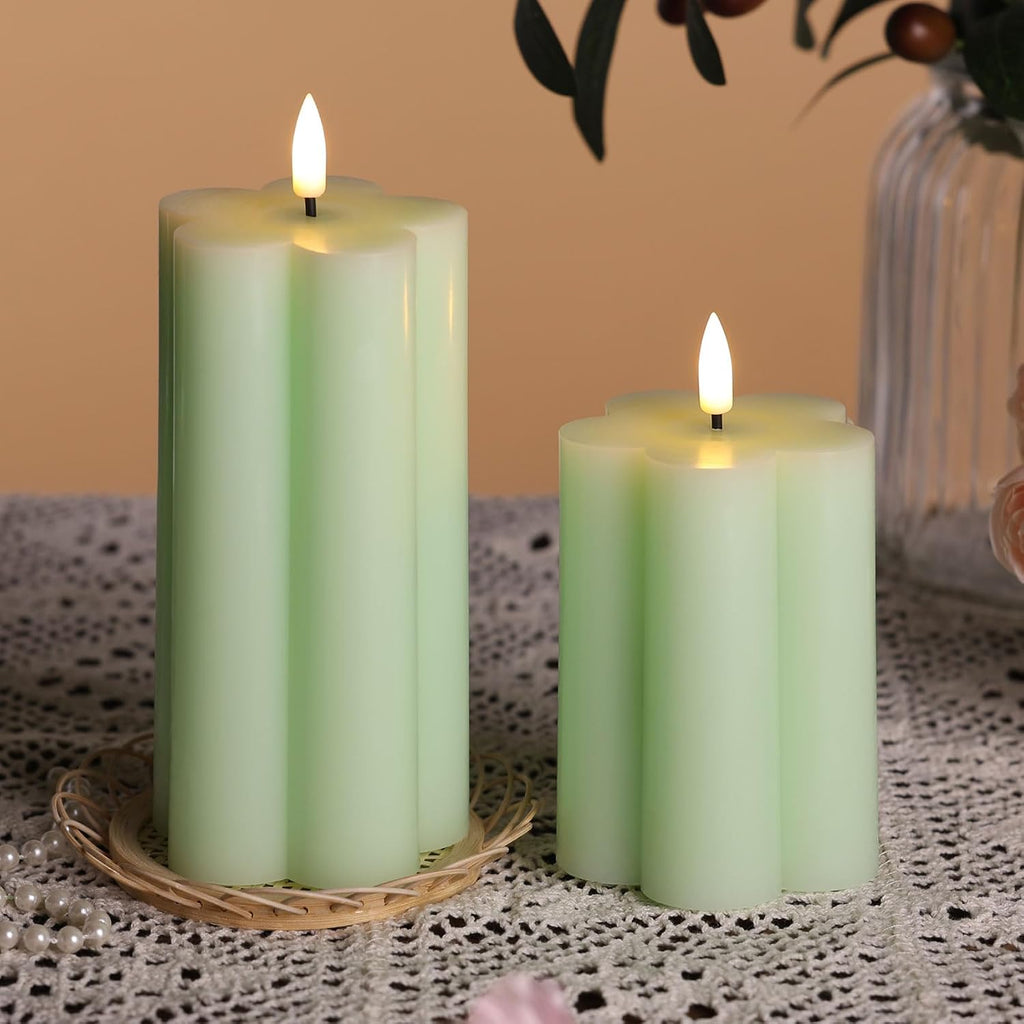 Green Flameless Pillar Candles with Remote, Flickering LED Wax Candles Battery Operated, Aesthetic Home Decor Set of 2