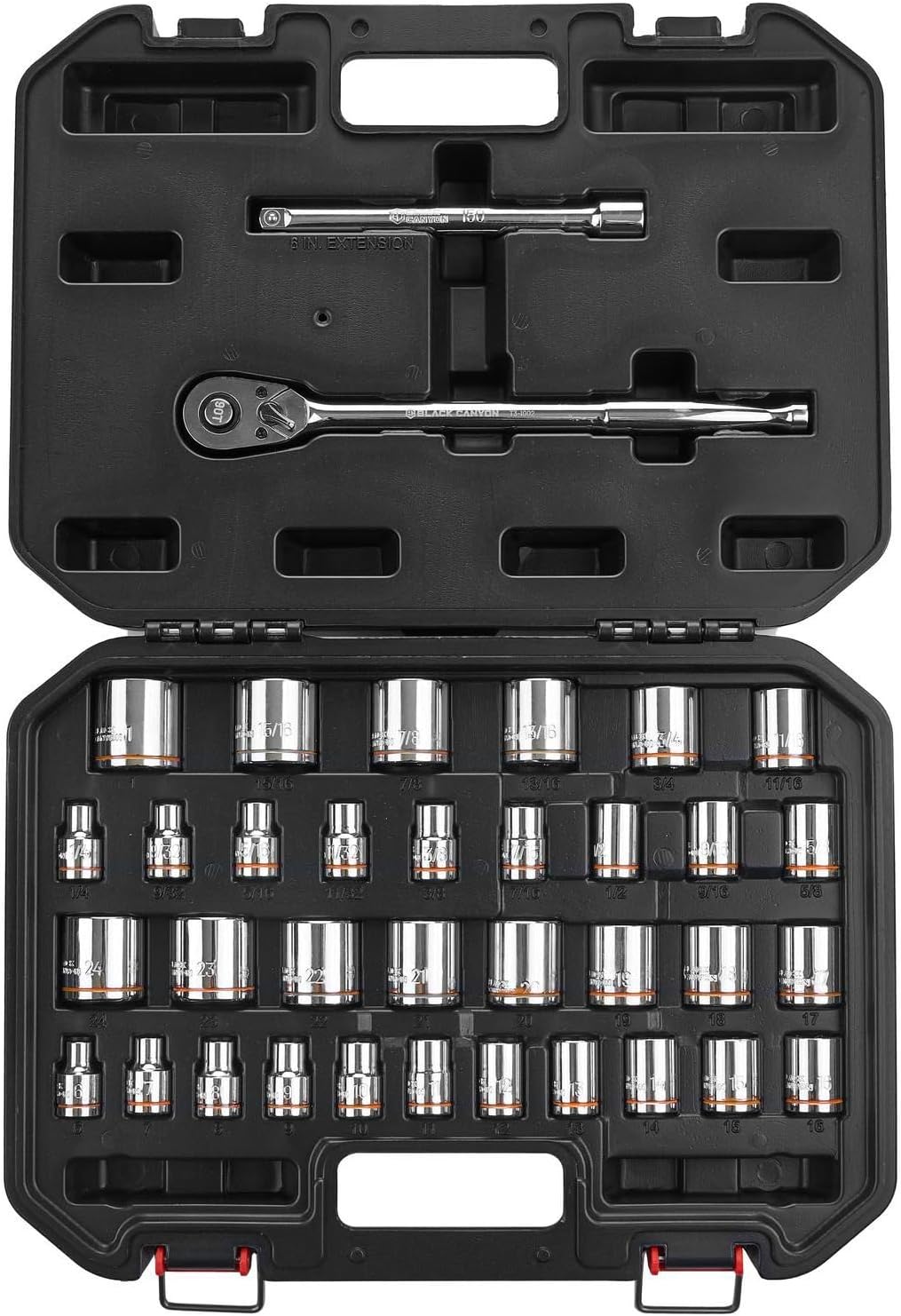 BLACK CANYON 1/4 in Drive Socket Set 27 Piece, 6-Point Metric/SAE, Premium Cr-V Steel Polished Chrome Finish with Heavy-Duty Carrying Case & Clear Size Markings for Automotive Repair Home Maintenance