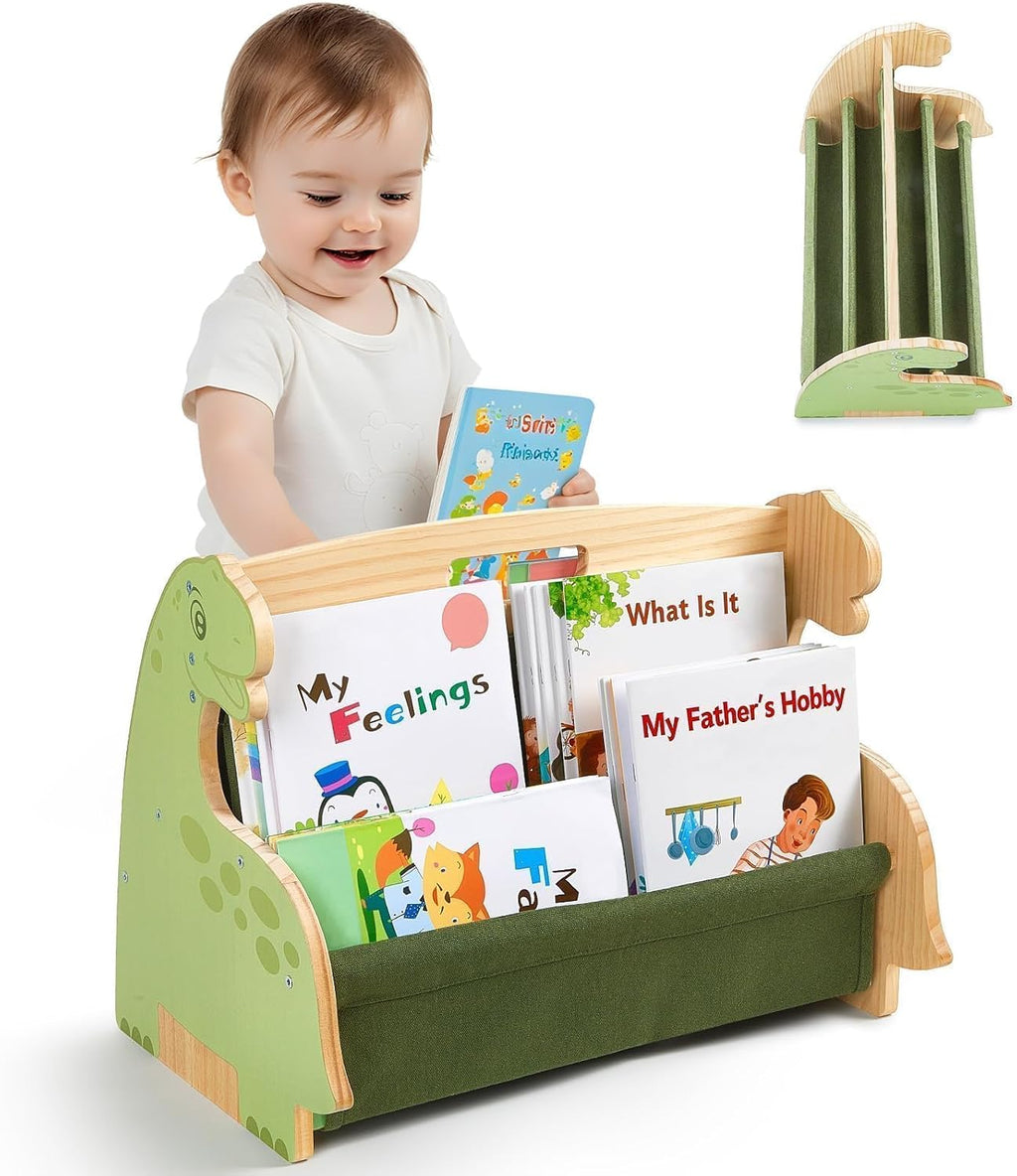 Toddler Bookshelf Double-Sided with 4 Tier Deep Sleeves Kids Wooden Montessori Book Rack for Baby Nursery Room, Playroom, Classroom or Bedroom Bookcase Storage Organizer, Light Wood Giraffe