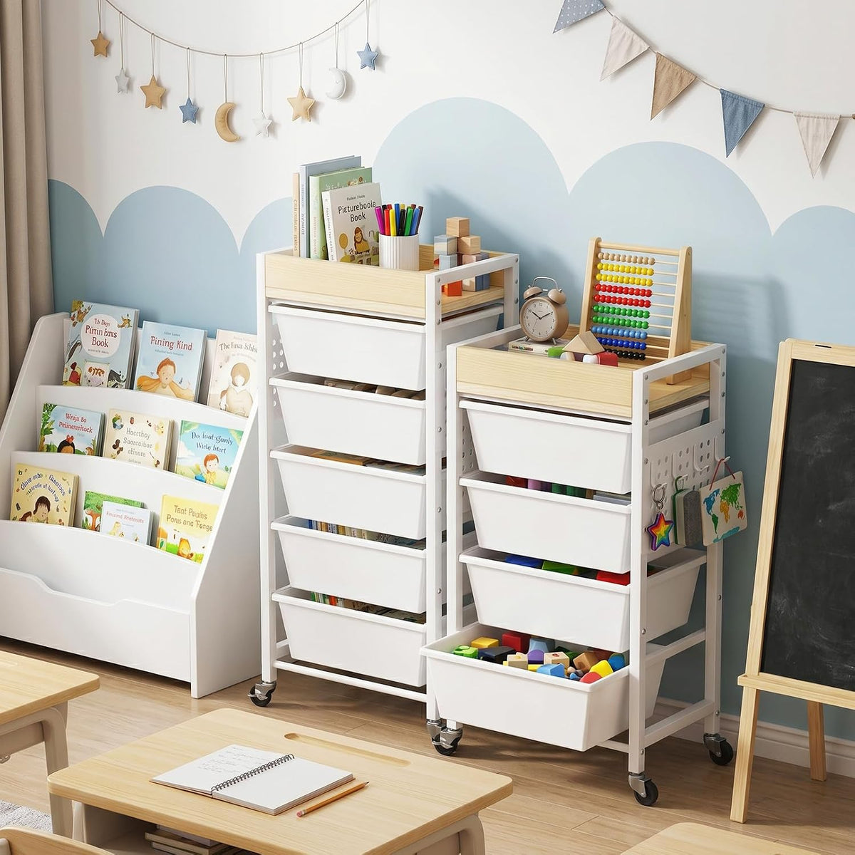 6 Tier Rolling Cart with Drawers, Plastic Drawer Storage Craft Cart with Pegboards & Hooks, Metal Utility Cart with Wheels & Wooden Tabletop, Classroom Office Art Supply Organizers and Storage, White