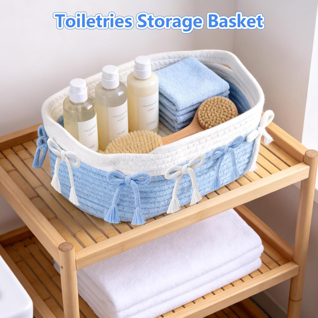 2PC Blue Bow Baskets for Gift Cute Coquette Woven Rope Storage Basket with Handle Laundry Hamper Storage Bins for Home Decor Organization Nursery Baby Shower, 11.8''x7.8''x4.7''