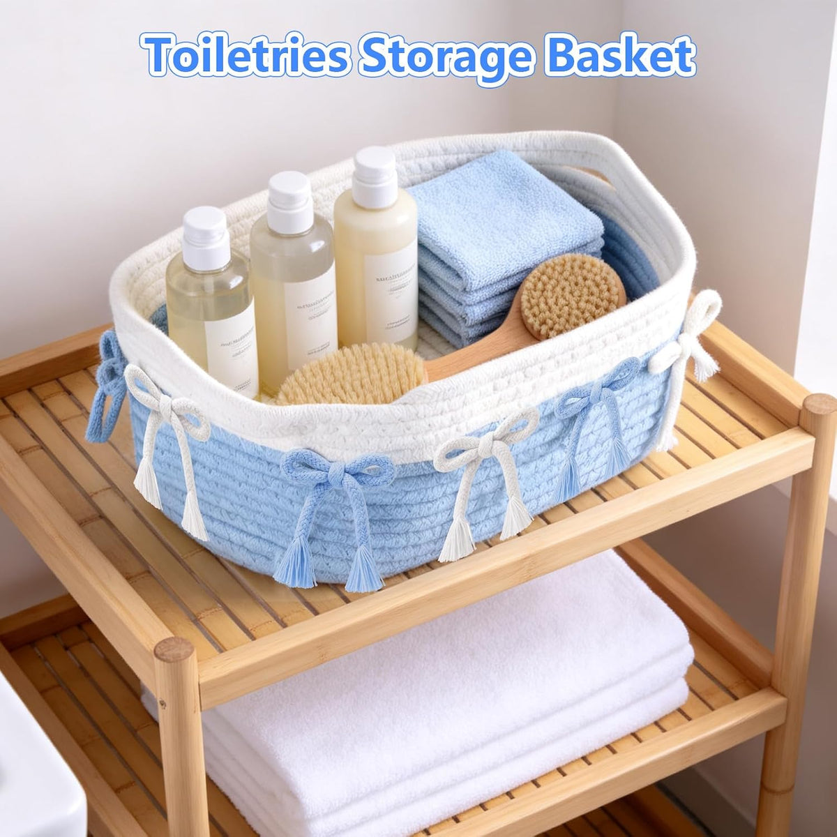 2PC Blue Bow Baskets for Gift Cute Coquette Woven Rope Storage Basket with Handle Laundry Hamper Storage Bins for Home Decor Organization Nursery Baby Shower, 11.8''x7.8''x4.7''