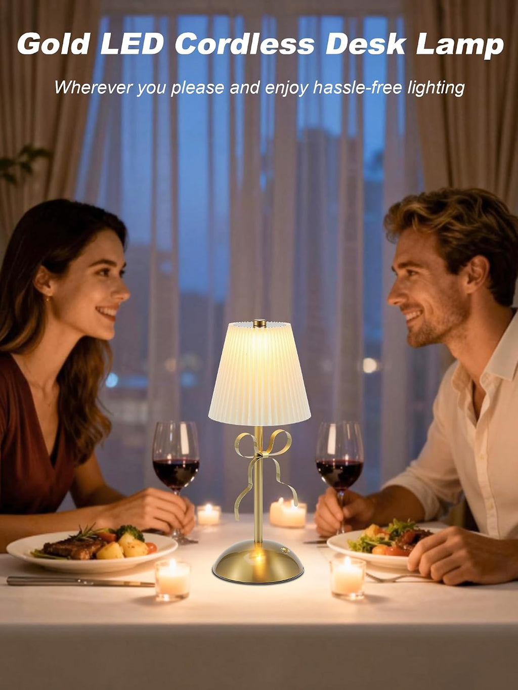 Cordless Table Lamp, Small Gold Bow Night Light, LED Rechargeable