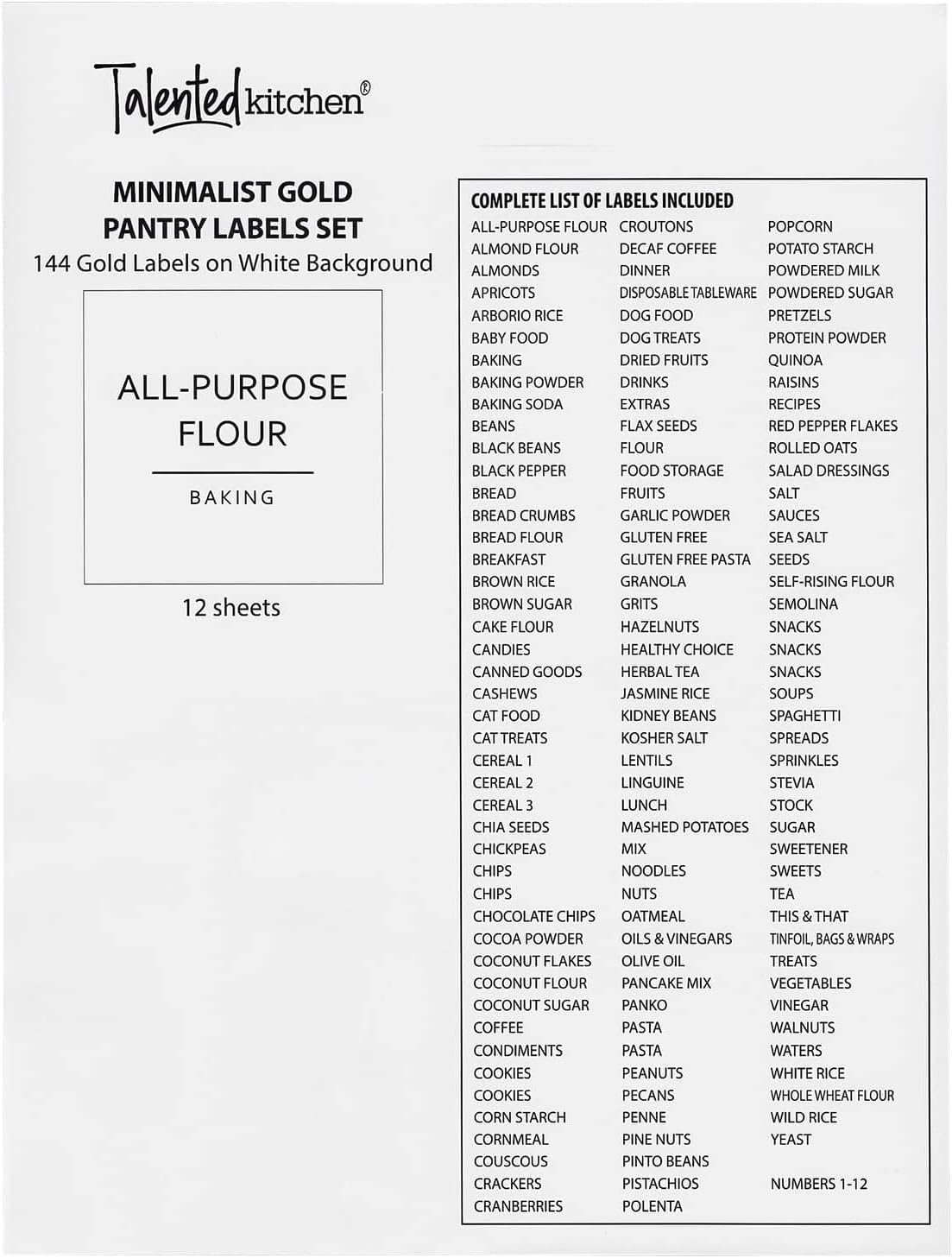 Talented Kitchen Labels for Storage Bins - Water-Resistant Food Container Stickers - Vinyl Jar Labels with Gold Text - Preprinted Pantry Container Stickers - 2.5 x 2.5 in, Pack of 144