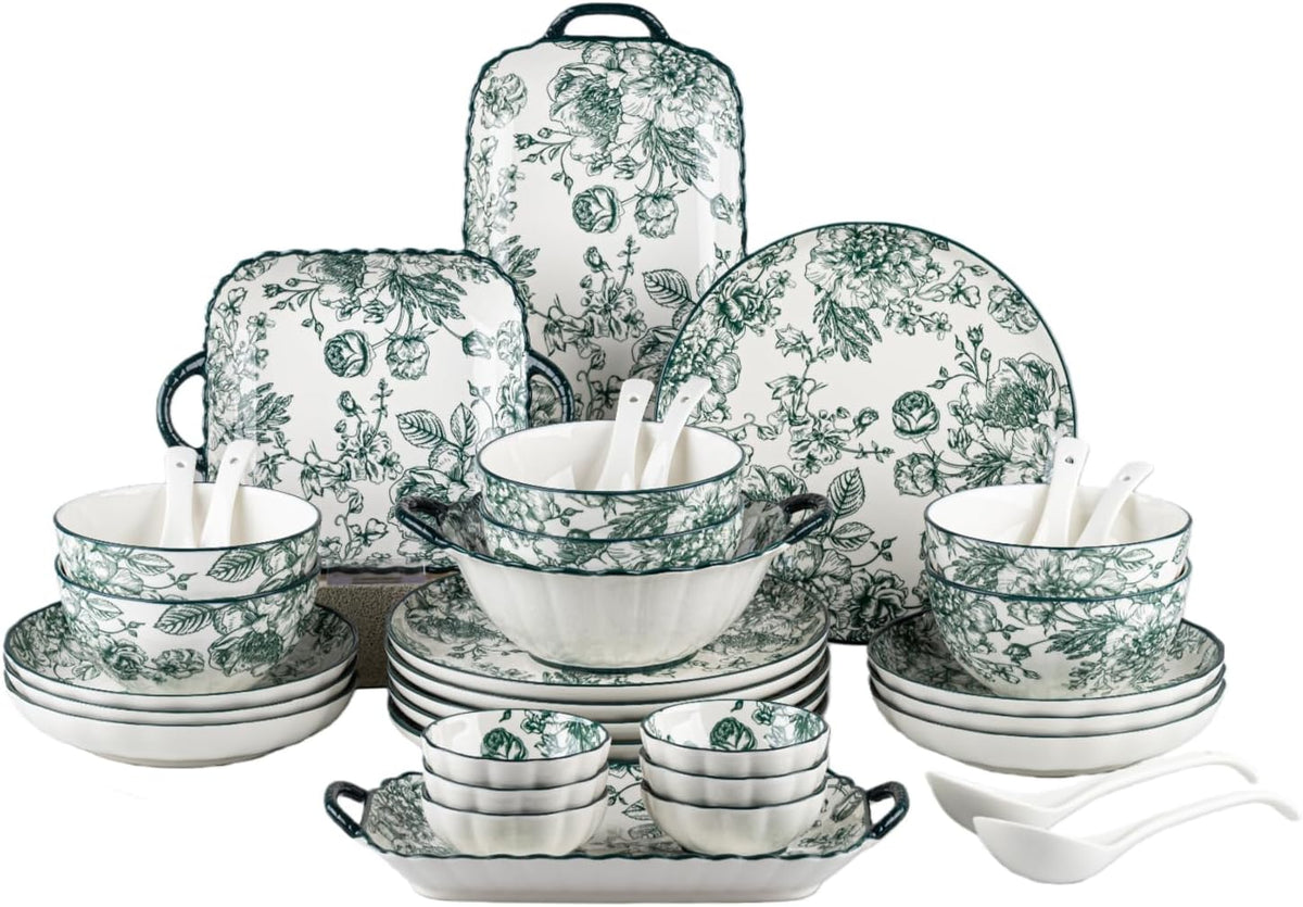 Ceramic Dinnerware Set, Series Kavara Ⅱ, (Green Rose)