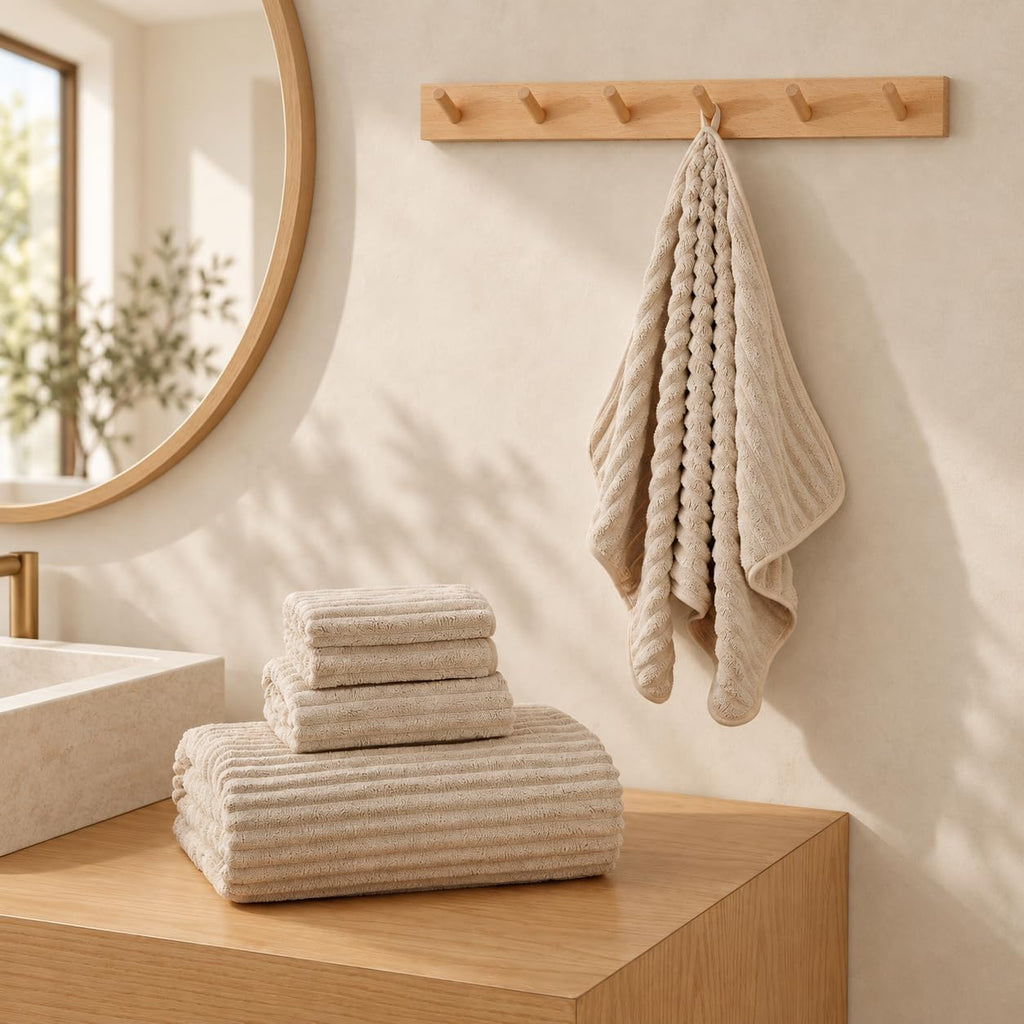 6 Piece Bath Towel Set, 30"x60" Microfiber Towels, Beige