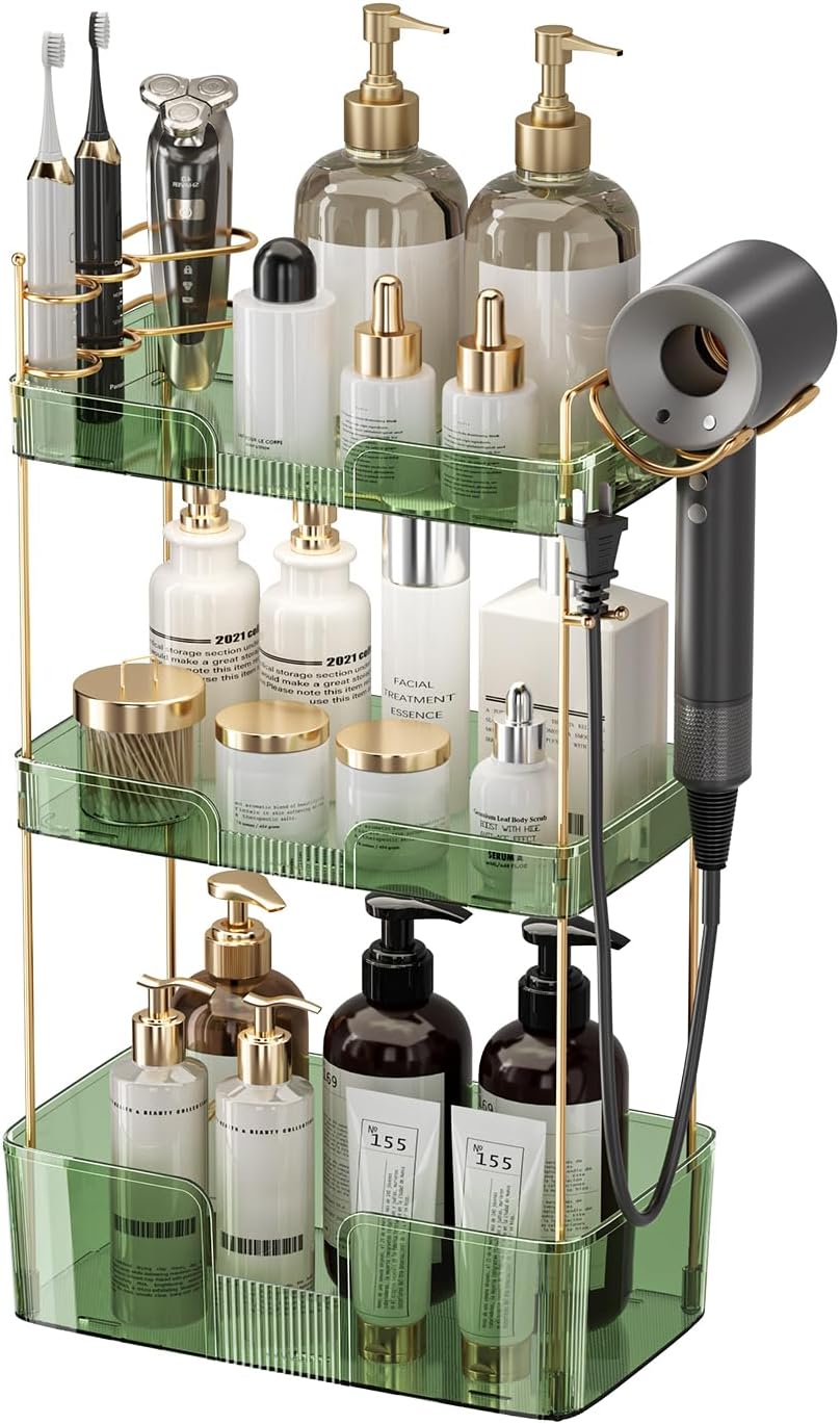 Akinbas 3 Tier Bathroom Organizer Countertop Makeup Perfume Tray Skincare Organizer for Bathroom Dresser Vanity (Grey)
