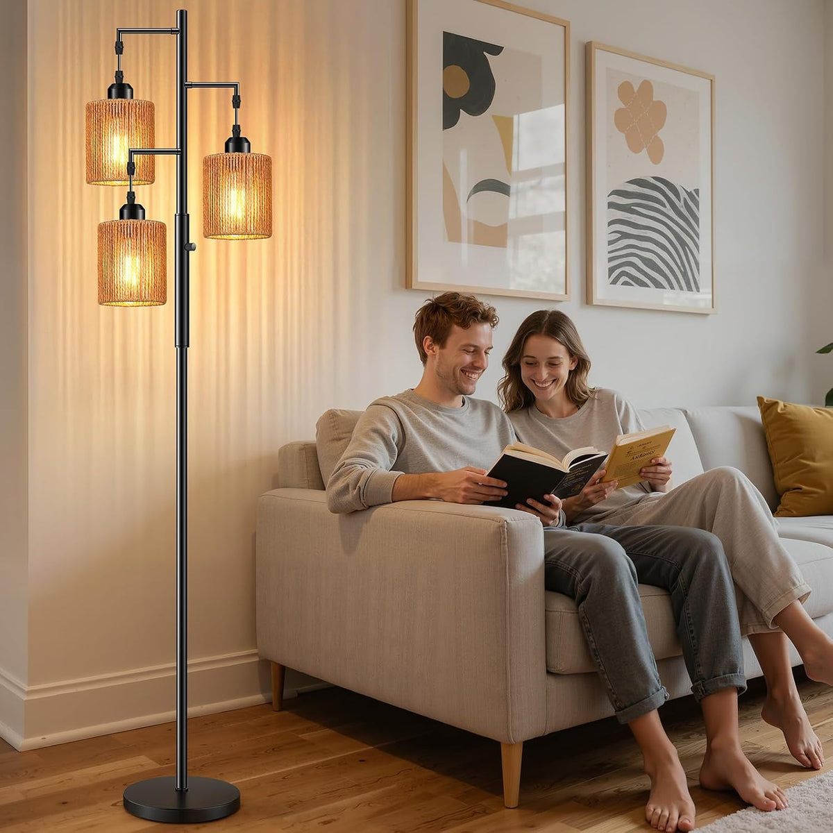 Hotsonic 72" Boho Rattan Tree Floor Lamp, Tall Dimmable Industrial Standing Lamp, Corner Decor Accent Lighting for Living Room, Bedroom, Dining Room, Nursery, Cafe (3 x 800LM Bulbs Included) - Black