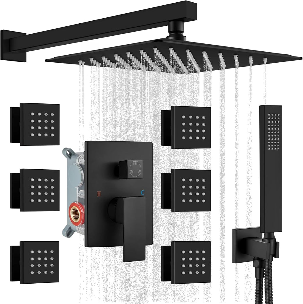 gotonovo Rainfall Shower System with Full Body Jets 6pcs Matte Black