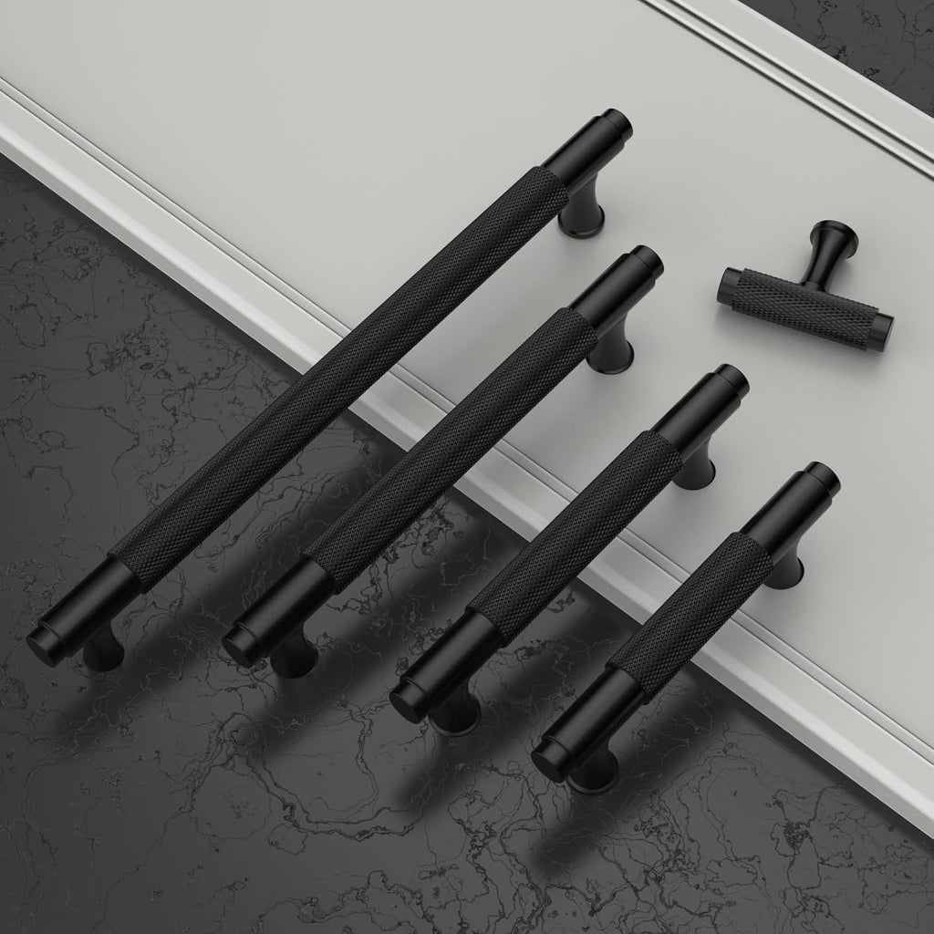 9BUILD 10 Pack Knurled Cabinet Pulls 3.75 Inch Matte Black Kitchen Cabinet Handles Black Cabinet Hardware Kitchen Handles for Cabinets Brass Drawer Pulls T Bar Drawer Handle