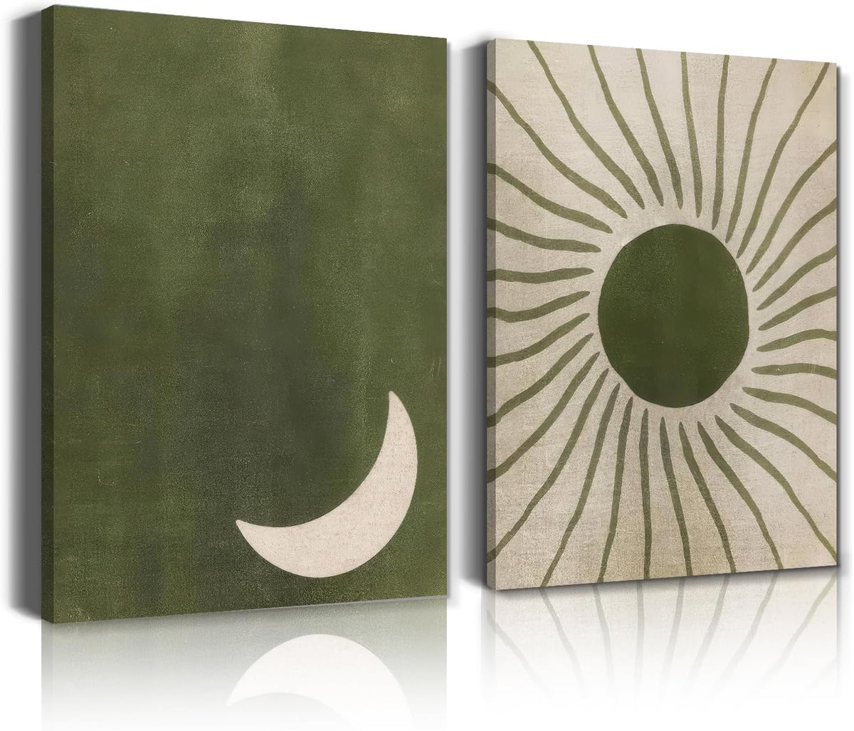 PYOYGU Sage Green Boho Sun & Moon Bedroom Wall Decor Set of 2, 12x16 In
