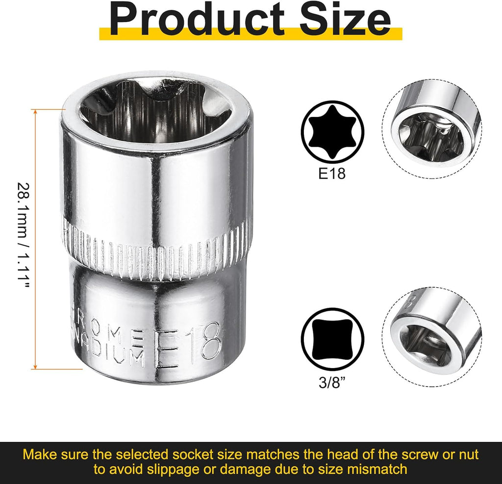 HARFINGTON 5pcs E-Torx Socket 3/8" Drive E18 Star Female Socket 1.1" Length