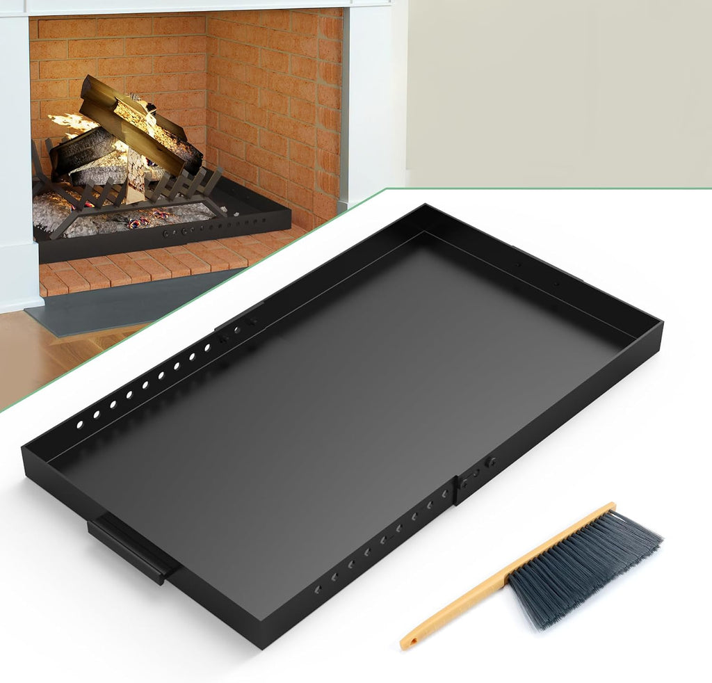 Fireplace Tray,Rectangle Fireplace Pan Extend Up to 31'' Length,Adjustable Ash Pan with Handles for Fireplace Grate Ash Collection,13'' Front to Back,Include a Cleaning Brush