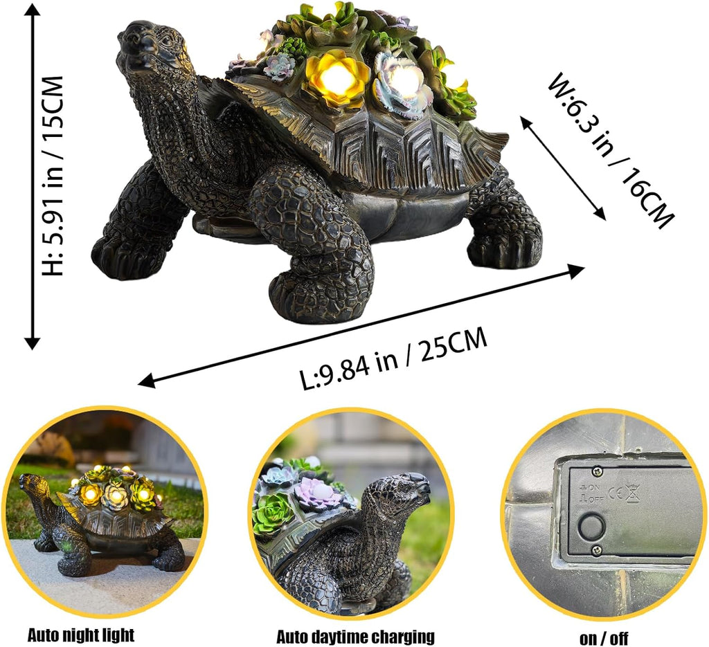 Solar Powered Succulent Turtle Statue, Resin Garden Decor with LED Lights, Waterproof Outdoor Ornament for Patio, Yard, Lawn, Porch, Unique Housewarming Gifts