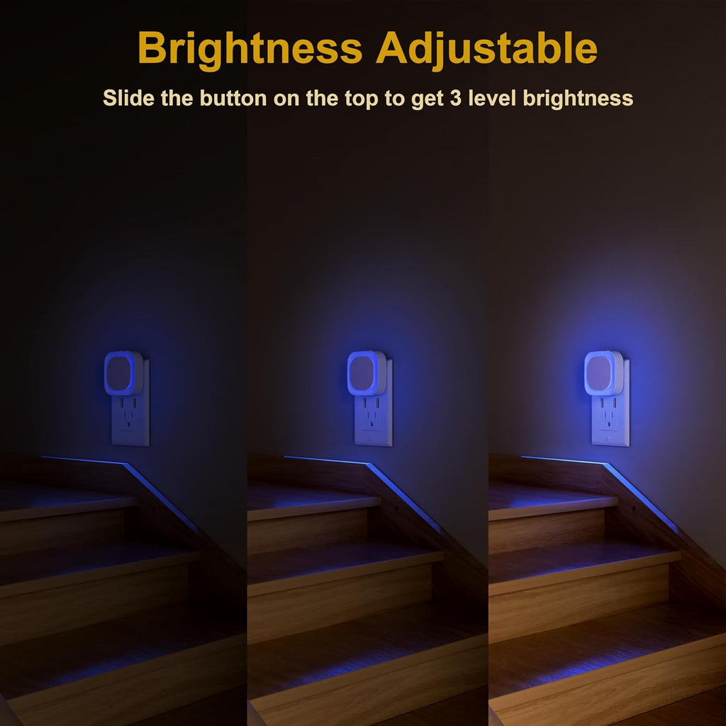 YUNLEX 2 Pack Plug in Dimmable Night Light, Blue Nightlight, Auto Dusk to Dawn Sensor, LED Night Light, Soft Glow, Diffused Light for Bathroom, Hallway, Stairs, Kitchen, Bedroom