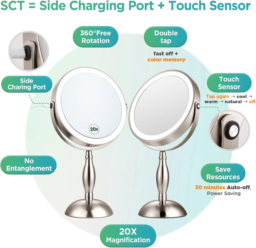 20x Magnifying Mirror with Light-Brushed Nickel