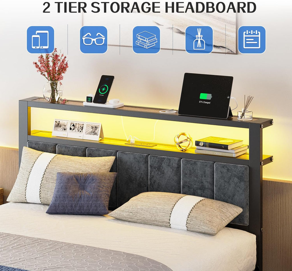 Liians Full Size Bed Frame with LED Lights, Charging Station