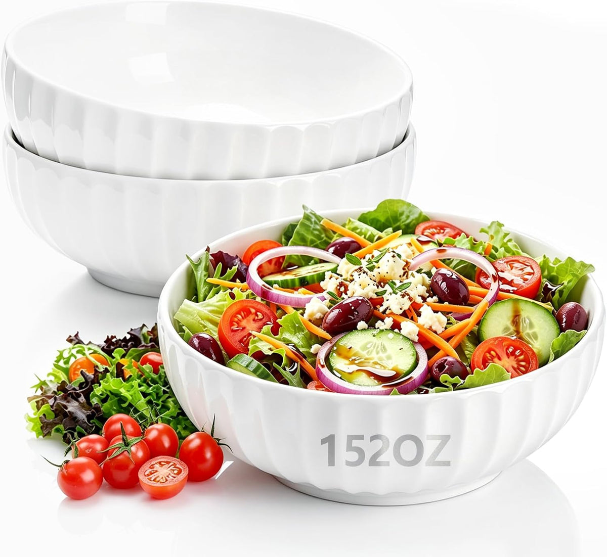 12'' 152oz Extra Large Ceramic Mixing Bowl Salad Bowl, 2 Pcs, Ribbed Style